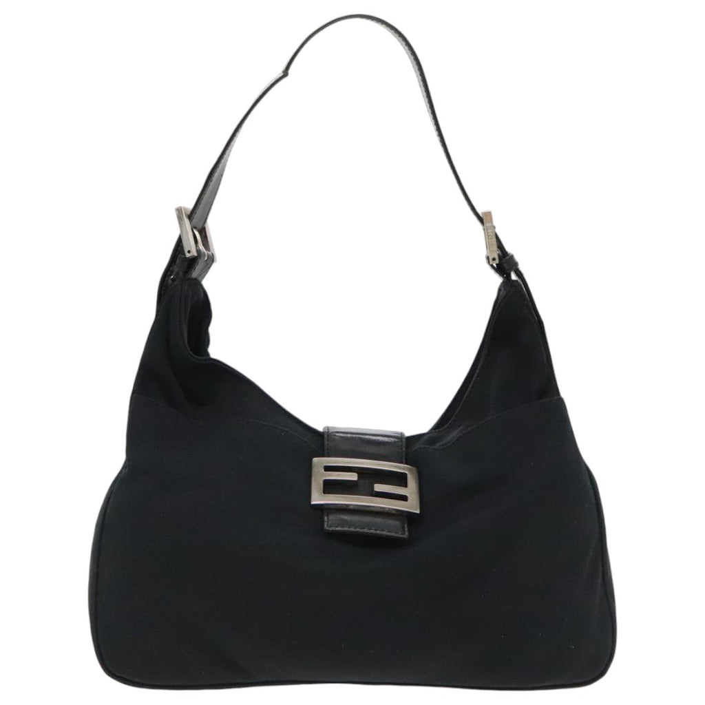 FENDI Mamma Baguette Shoulder Bag Nylon Leather Black Silver95327