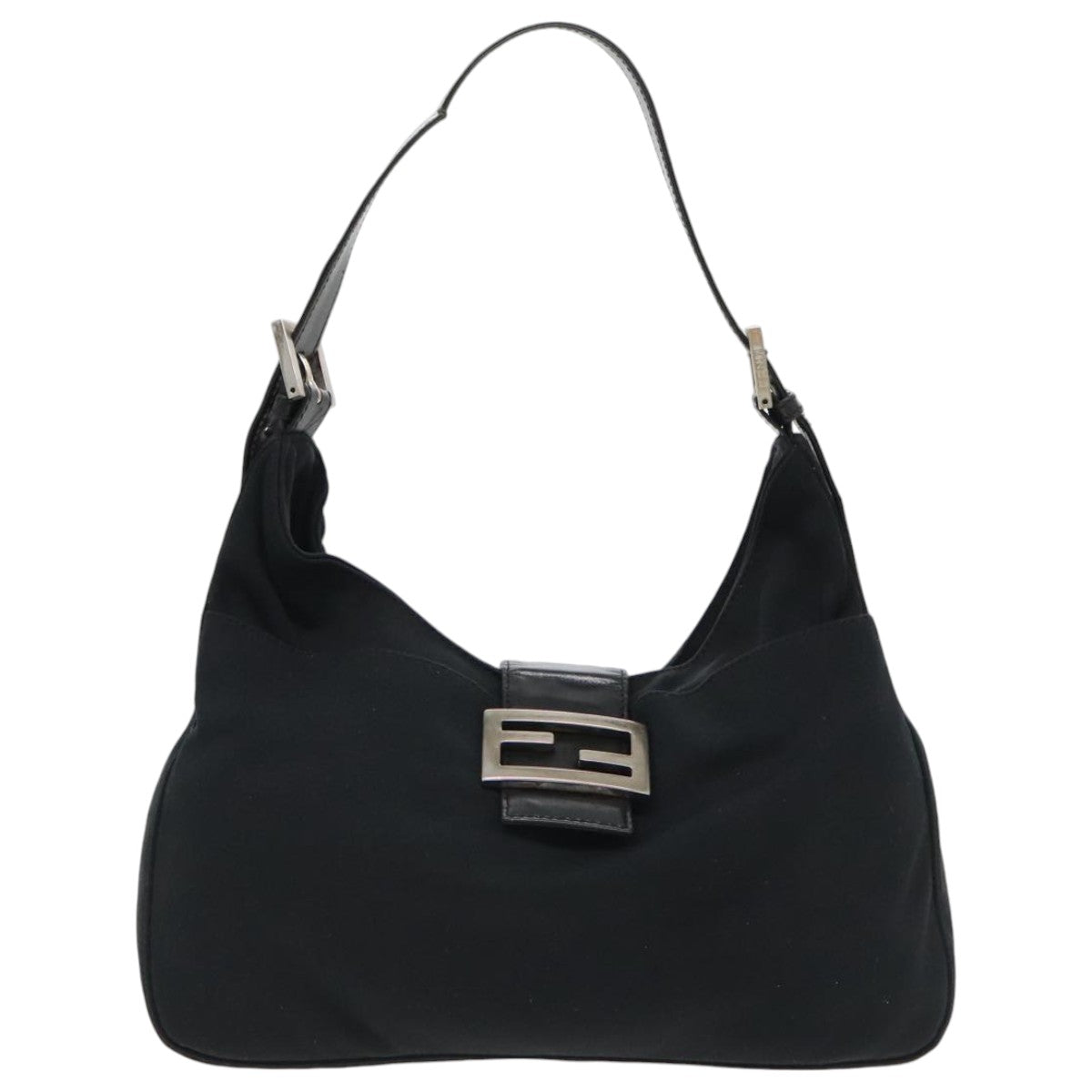 FENDI Mamma Baguette Shoulder Bag Nylon Leather Black Silver95327
