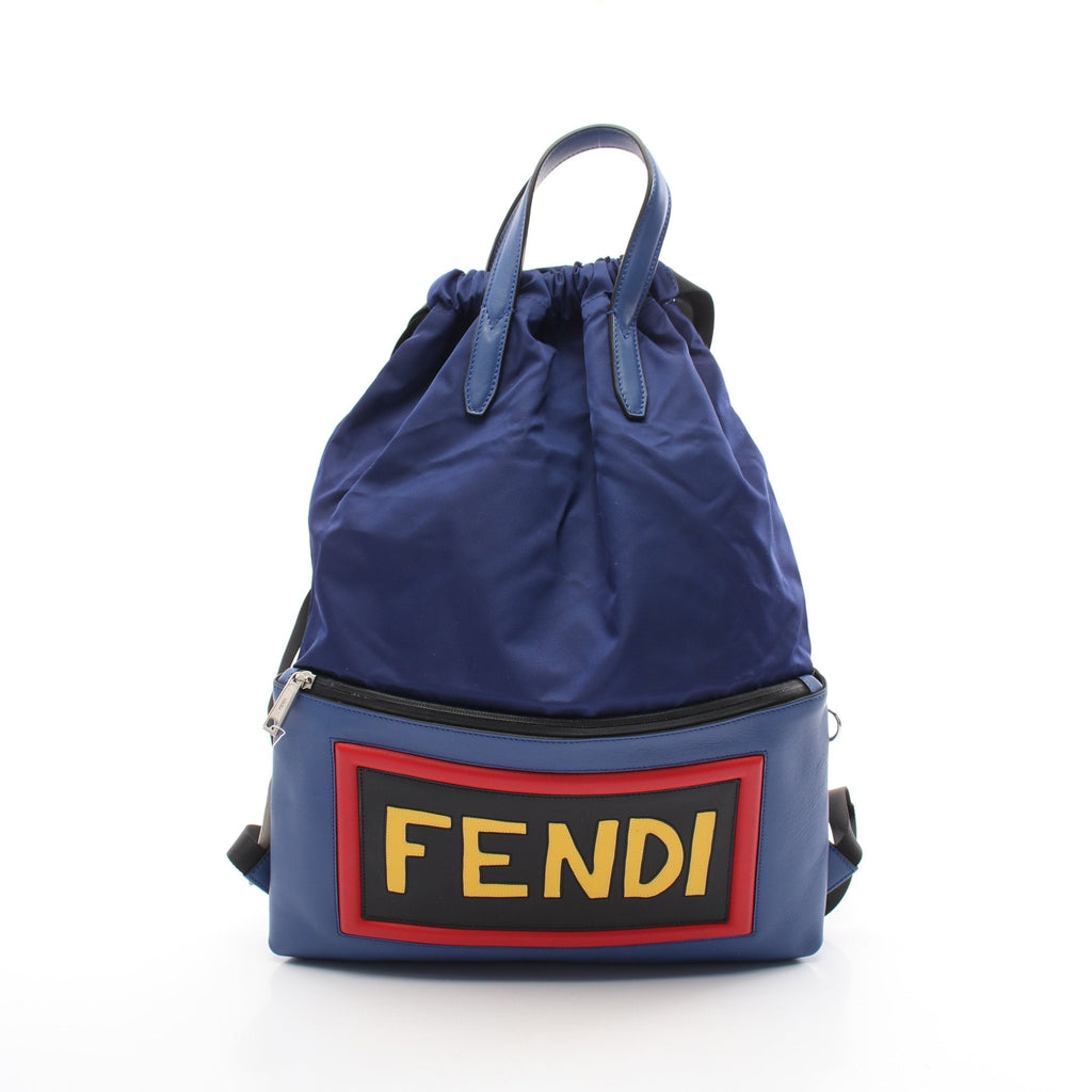 FENDI Backpack Rucksack Logo Nylon Leather Blue