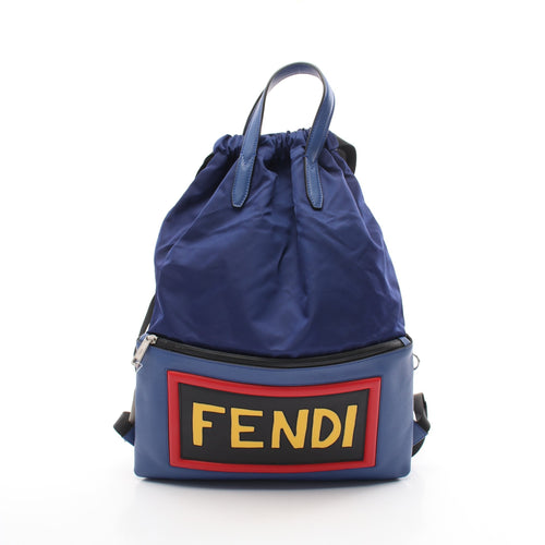 FENDI Backpack Rucksack Logo Nylon Leather Blue