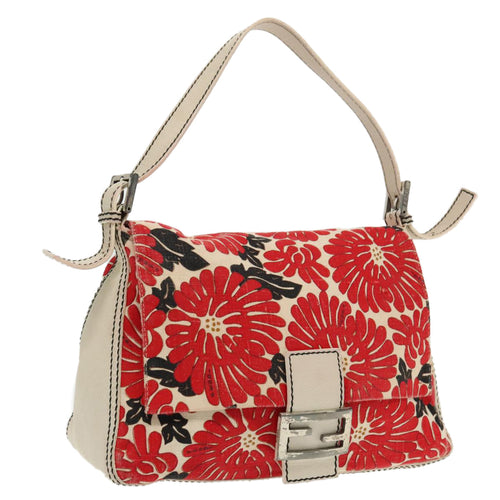 FENDI Mamma Baguette Shoulder Bag Canvas Leather Red White Silver95392