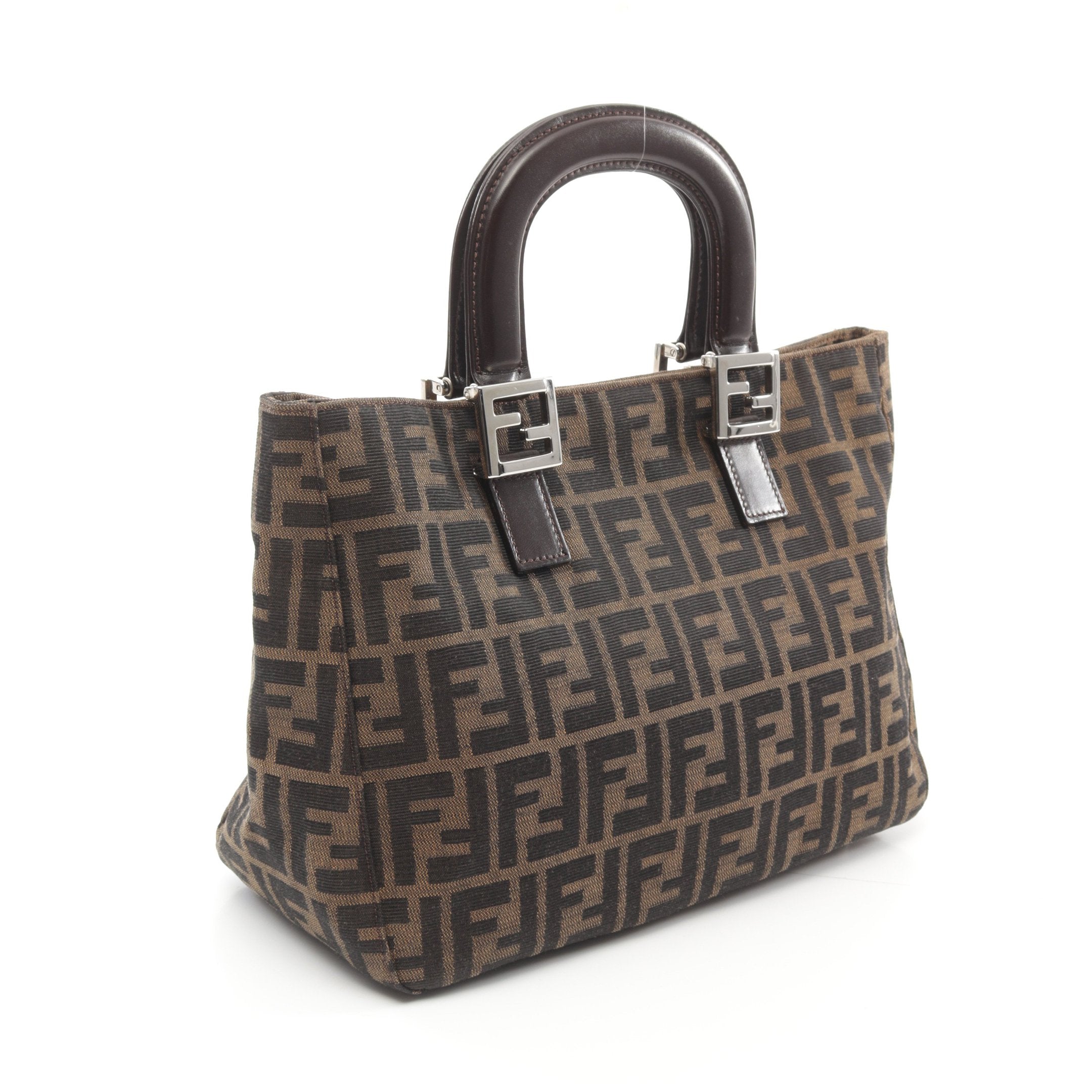 FENDI Zucca Handbag Tote bag Canvas Leather Brown Dark brown
