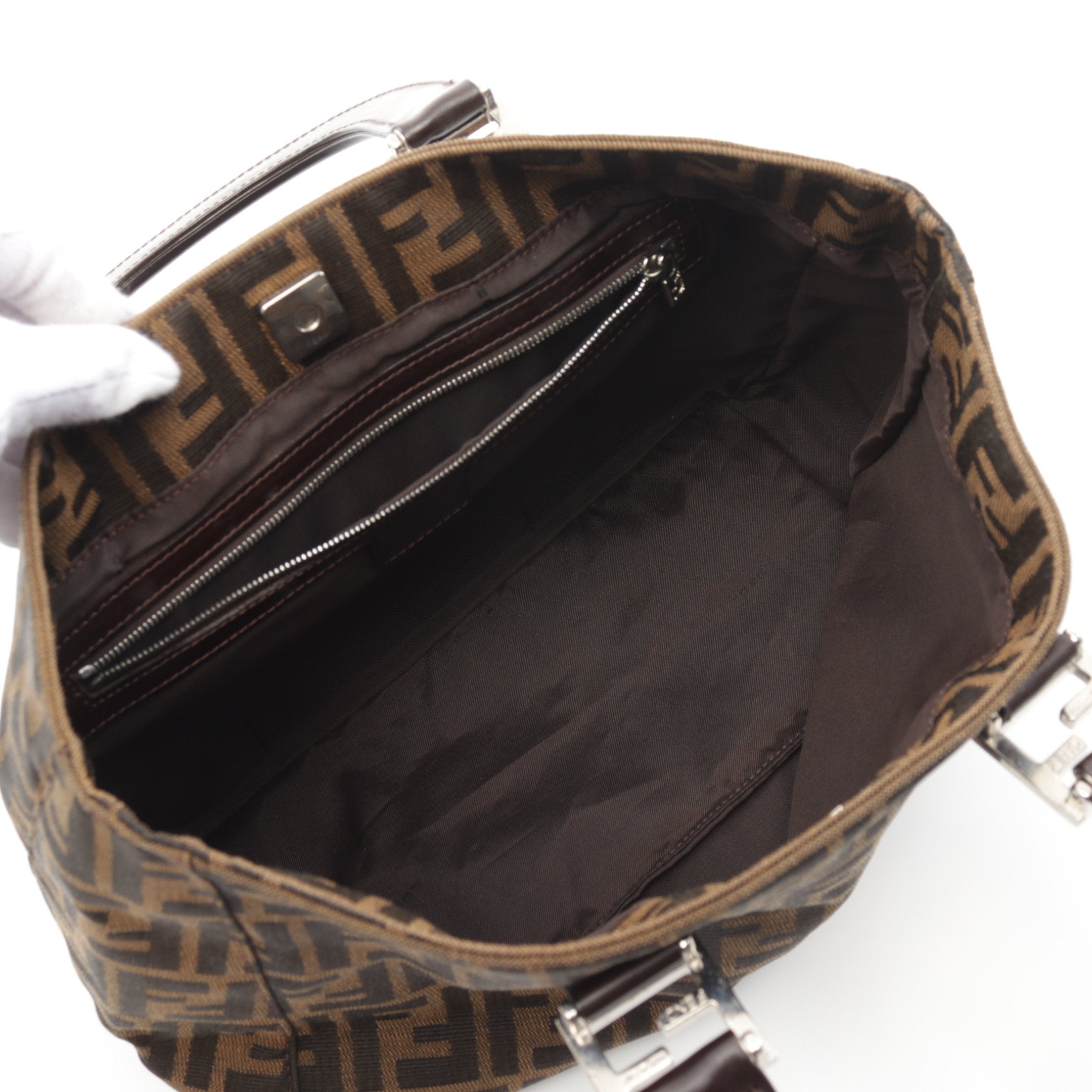 FENDI Zucca Handbag Tote bag Canvas Leather Brown Dark brown