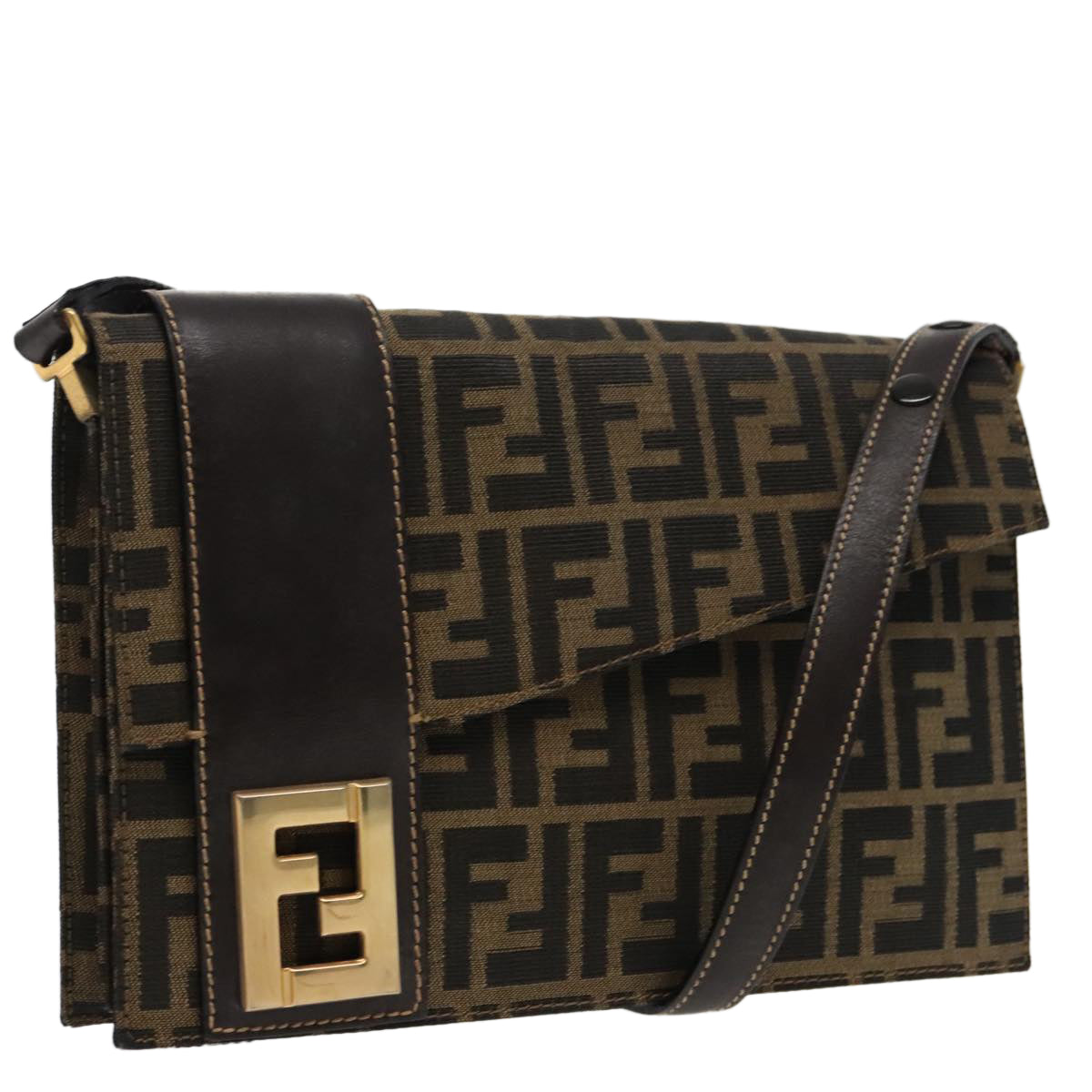 FENDI Zucca Canvas Shoulder Bag Brown Black gold95519