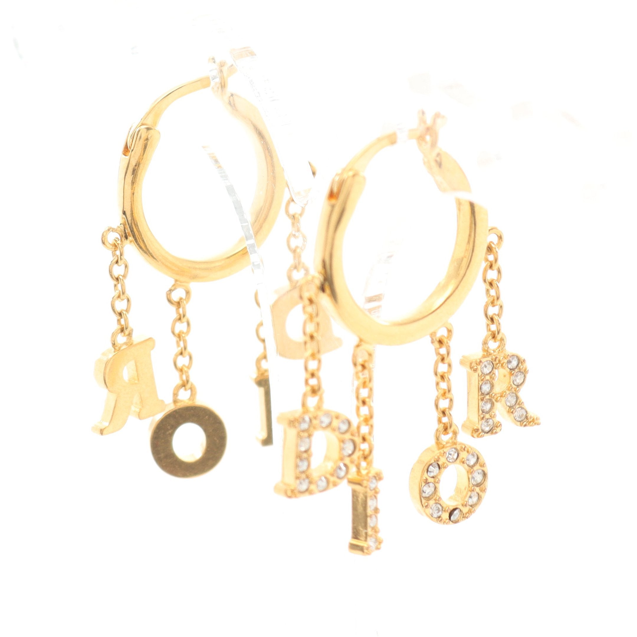 Dior Earrings GP Rhinestone Gold Clear Logo