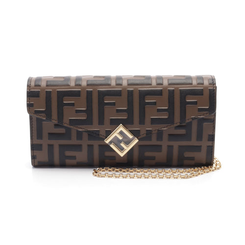 FENDI FF Diamond Zucca Emboss Chain wallet Leather Brown