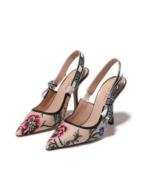 Flower Embroidery Slingback Heels Beige Dior