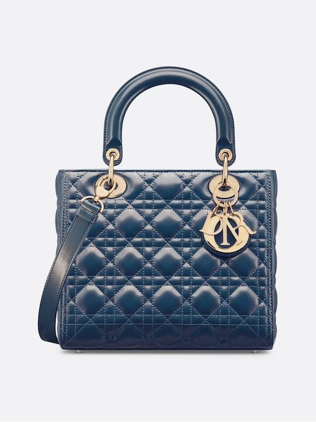 Lady Glossy Cannage Medium Calfskin Tote Bag Blue Dior