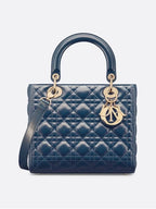 Lady Glossy Cannage Medium Calfskin Tote Bag Blue Dior