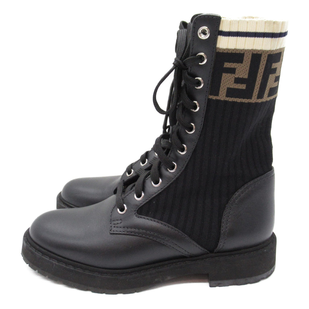FENDI Knit Boots Boots Leather Canvas Black