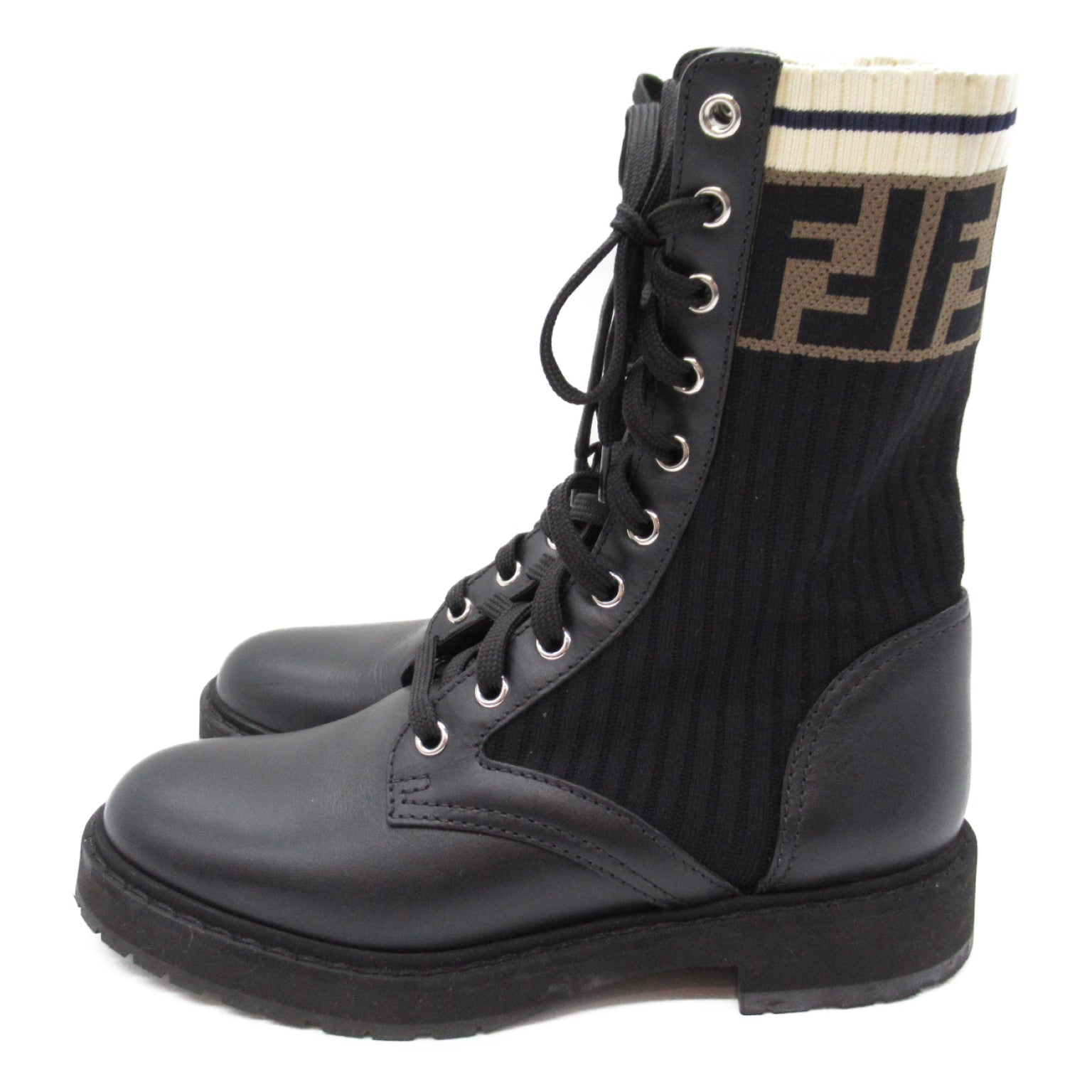 FENDI Knit Boots Boots Leather Canvas Black