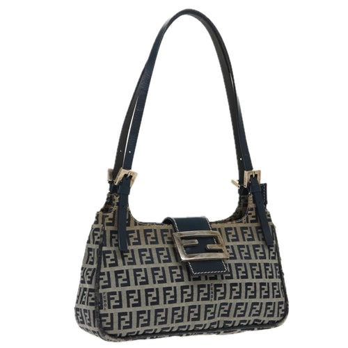 FENDI Zucchino Canvas Mamma Shoulder Bag Navy Silver96172