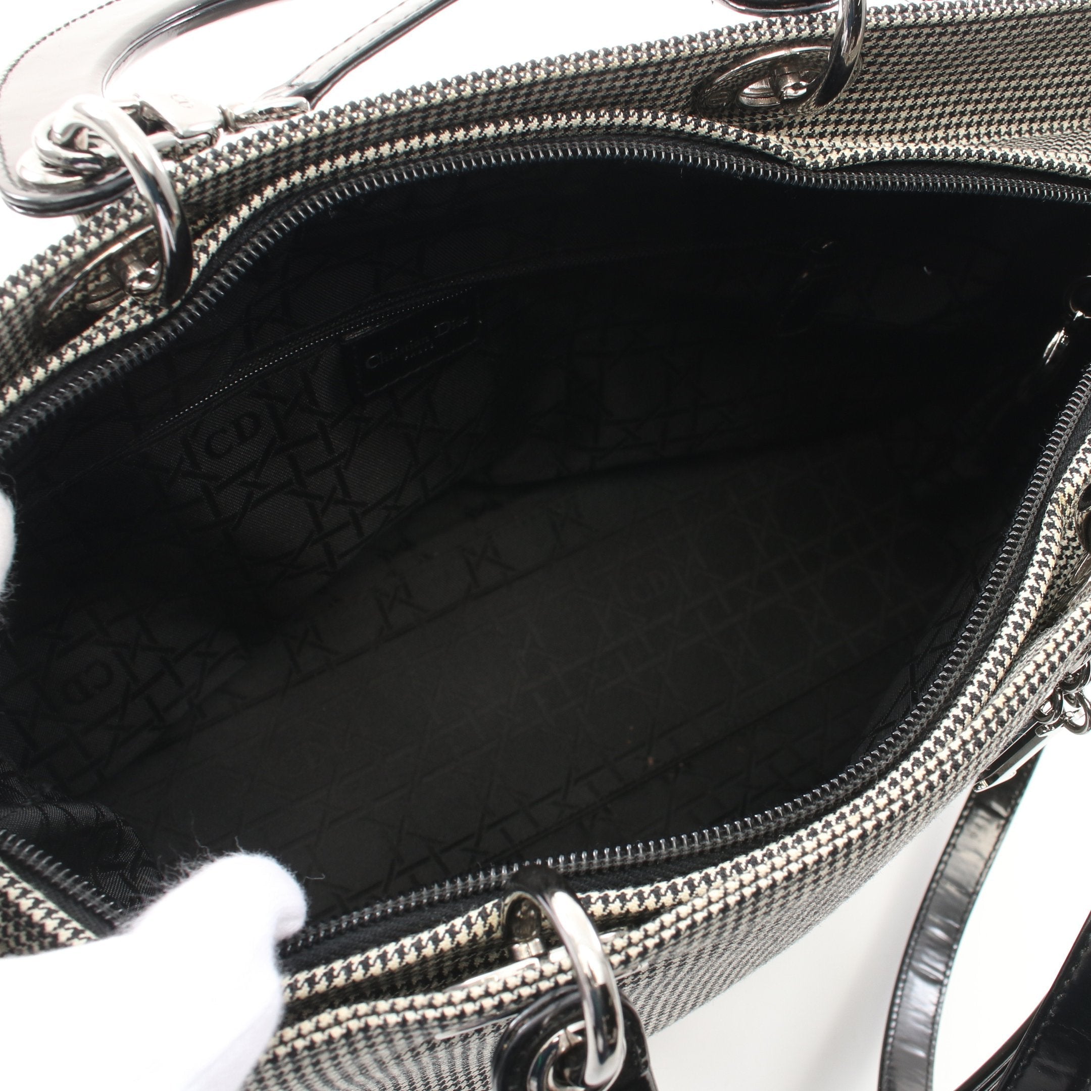 Dior Lady dior Large Handbag Canvas Patent leather Black White Houndstooth 2WAY