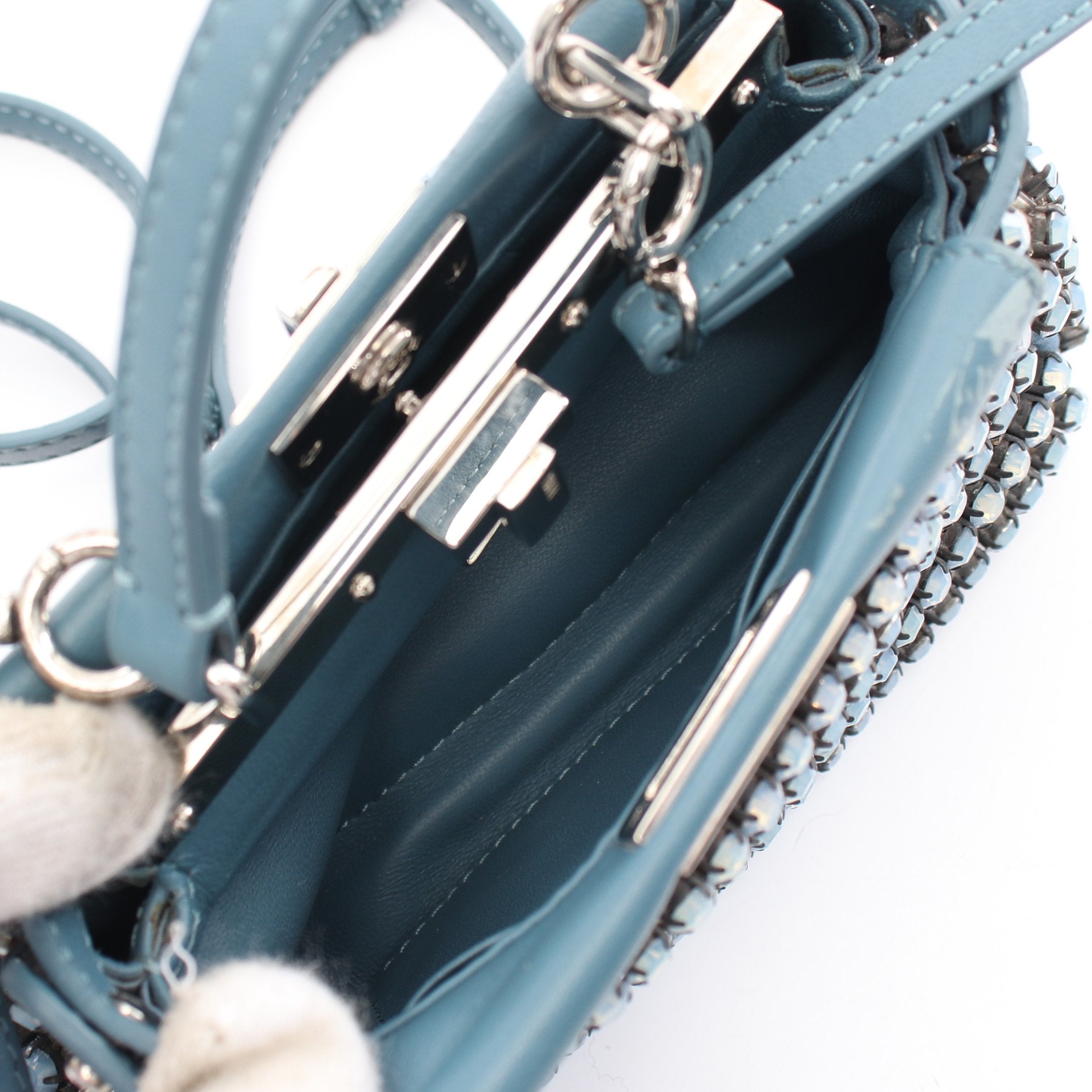 FENDI Micro peekaboo Handbag Leather Blue green Beads Rhinestone 2WAY