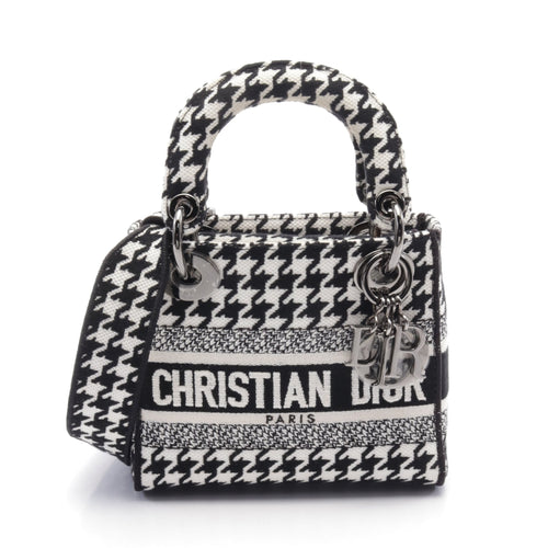 Dior LADY D-LITE Mini Handbag Houndstooth Canvas Black White 2WAY