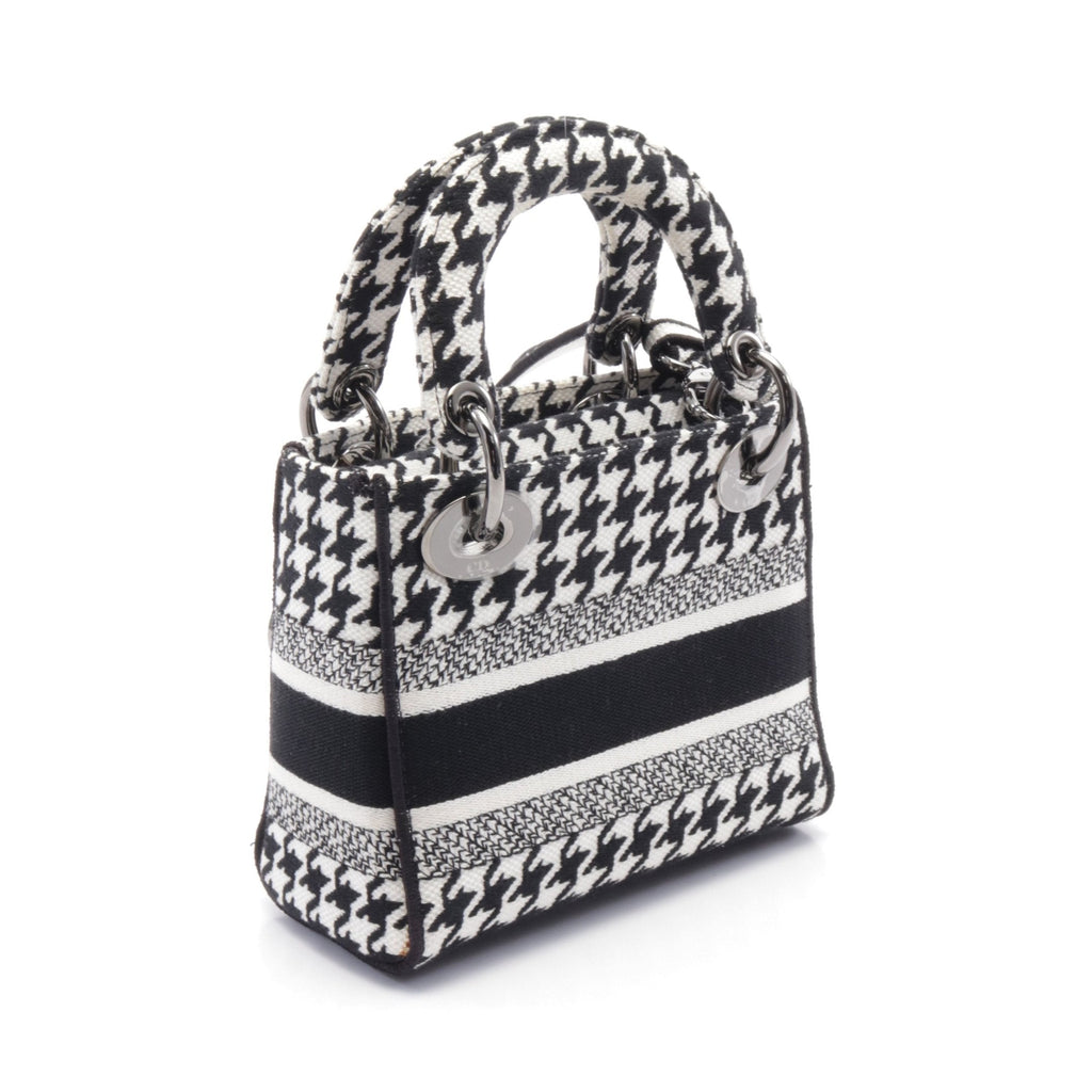 Dior LADY D-LITE Mini Handbag Houndstooth Canvas Black White 2WAY