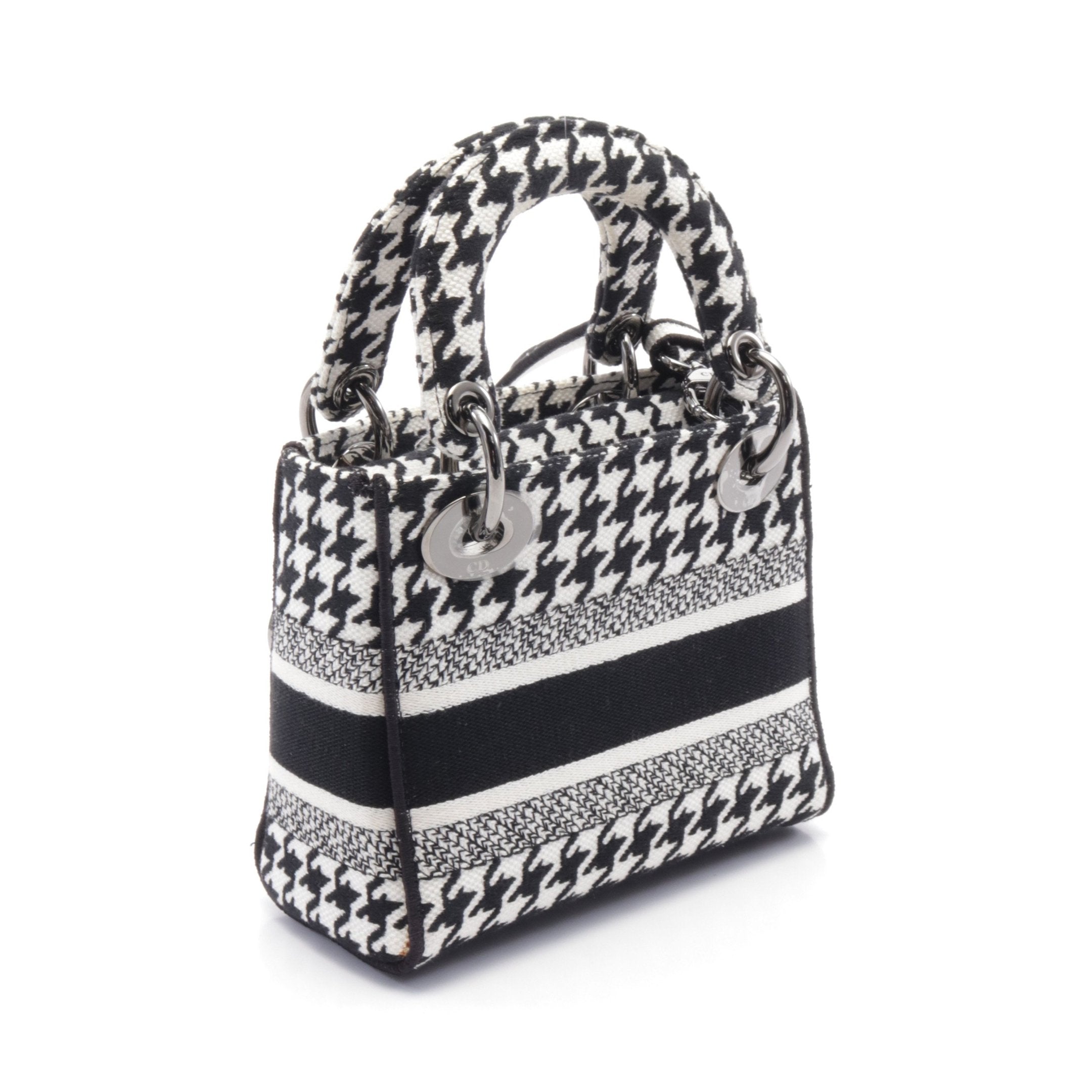 Dior LADY D-LITE Mini Handbag Houndstooth Canvas Black White 2WAY