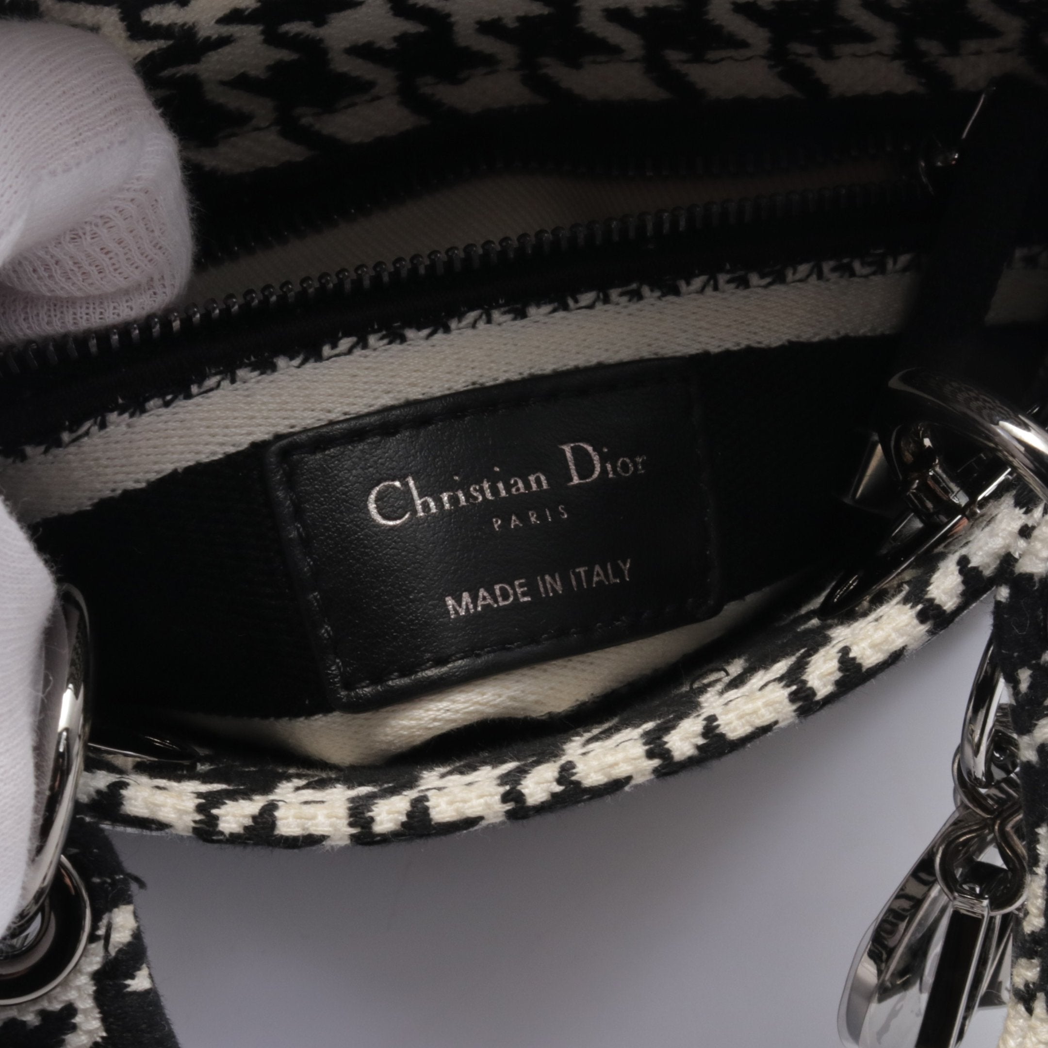 Dior LADY D-LITE Mini Handbag Houndstooth Canvas Black White 2WAY