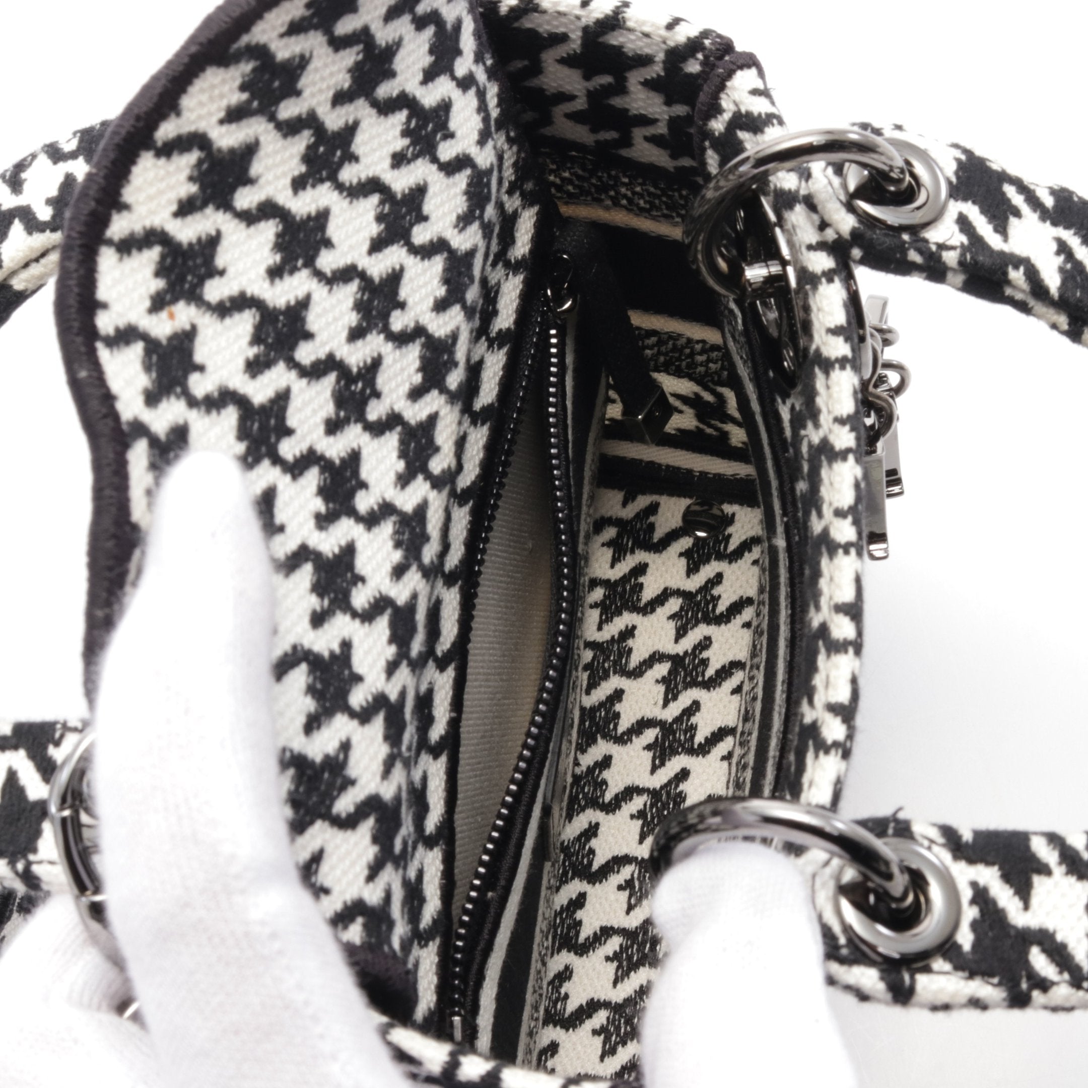 Dior LADY D-LITE Mini Handbag Houndstooth Canvas Black White 2WAY