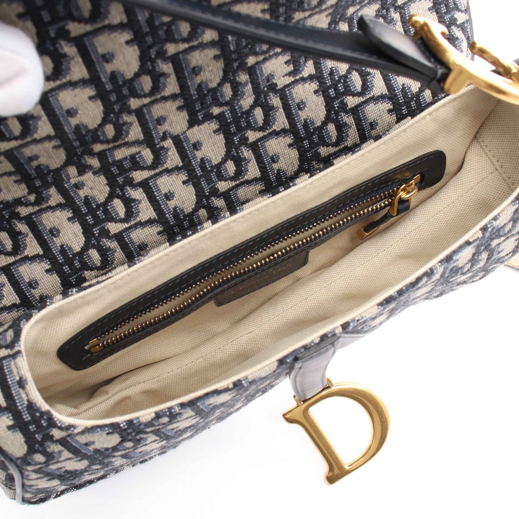Dior Saddle bag Oblique jacquard Handbag Canvas Leather Navy Light gray Shoulder strap sold separately 2WAY