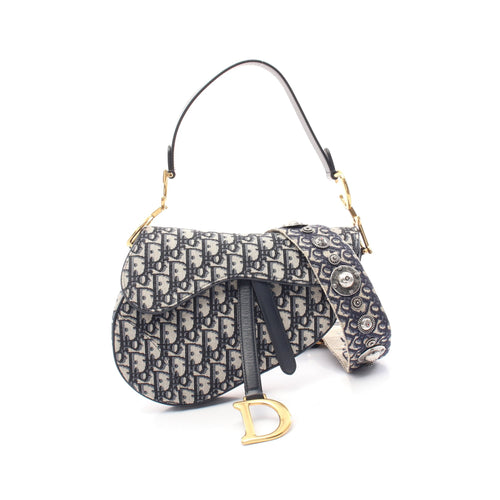 Dior Saddle bag Oblique jacquard Handbag Canvas Leather Navy Light gray Shoulder strap sold separately 2WAY
