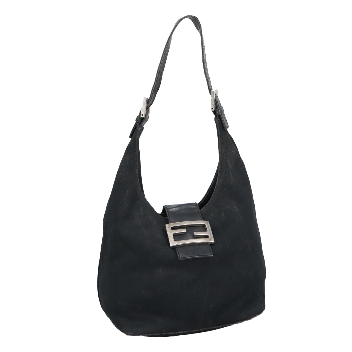 FENDI Mamma Baguette Shoulder Bag Nylon Leather Black Silver97412
