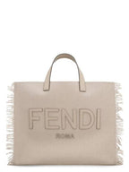 Fendi FF Fabric Tote Bag with Fringes Beige