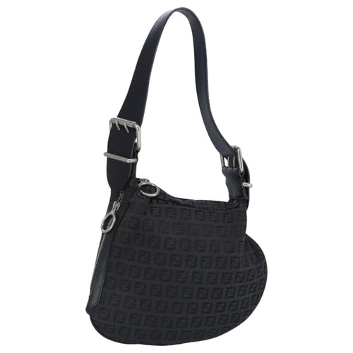 FENDI Zucchino Canvas Shoulder Bag Black Silver97617
