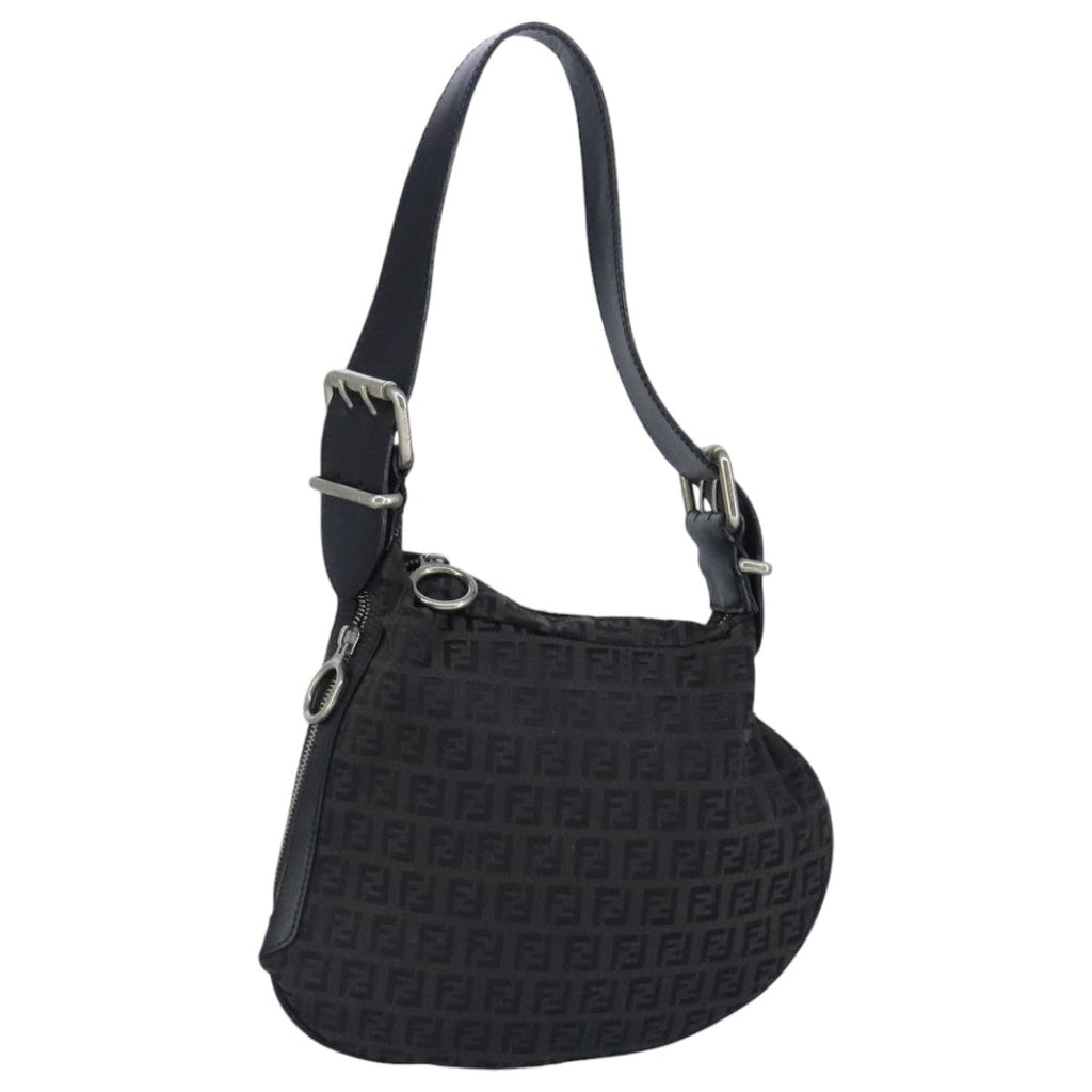 FENDI Zucchino Canvas Shoulder Bag Black Silver97617