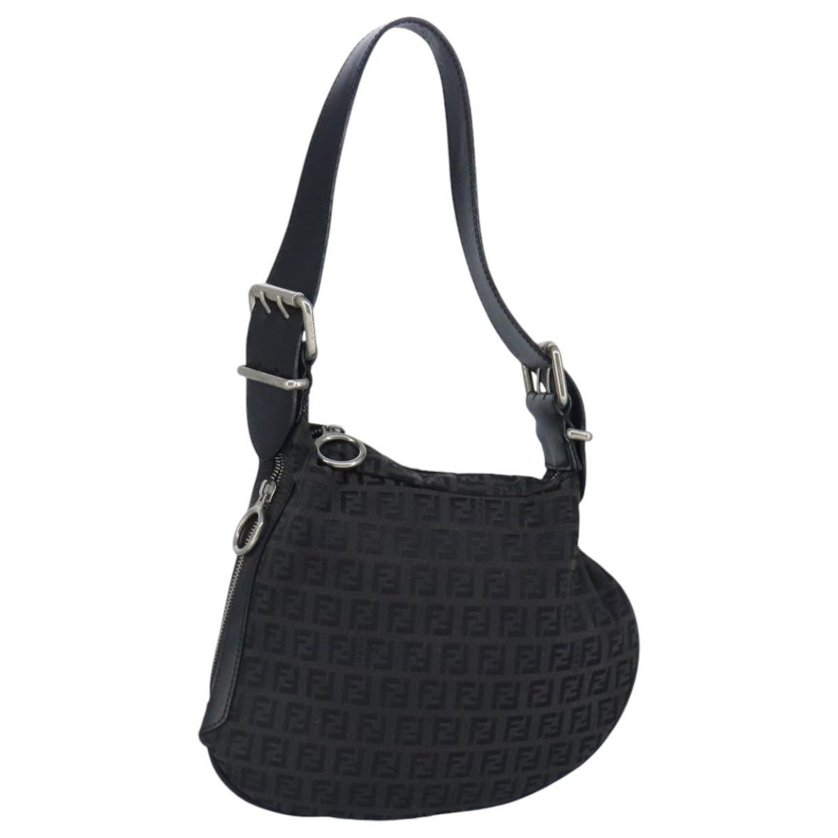 FENDI Zucchino Canvas Shoulder Bag Black Silver97617