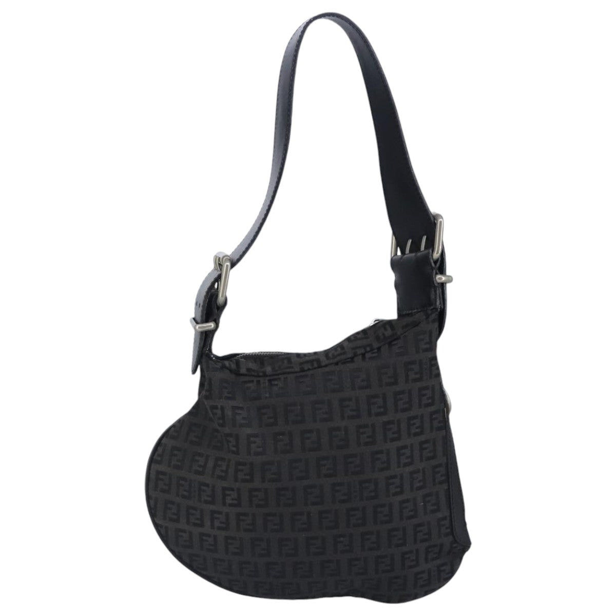 FENDI Zucchino Canvas Shoulder Bag Black Silver97617