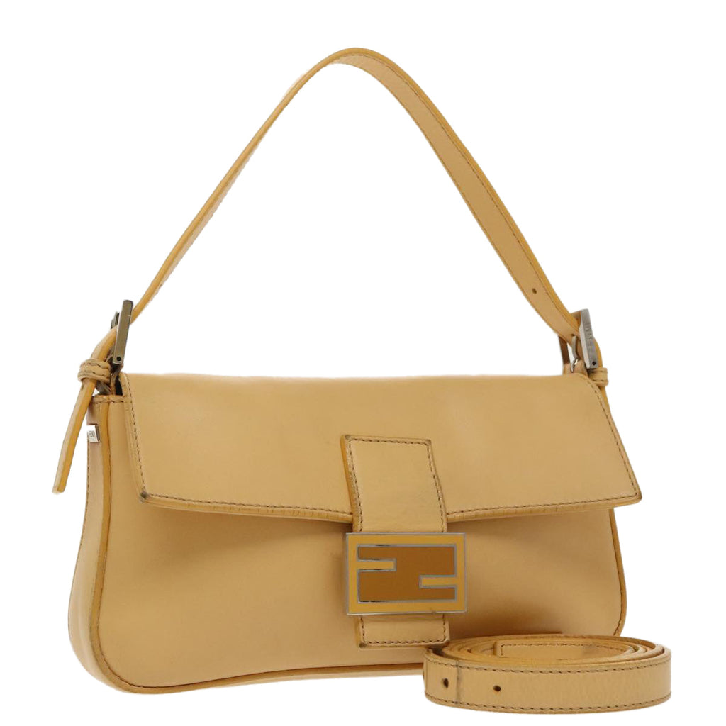 FENDI Mamma Baguette Shoulder Bag Leather 2way Beige Silver97736