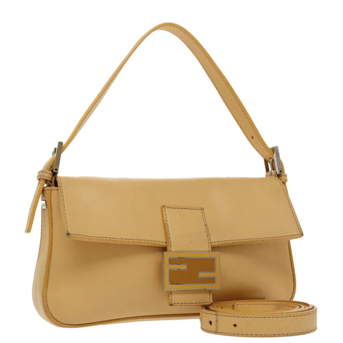 FENDI Mamma Baguette Shoulder Bag Leather 2way Beige Silver97736