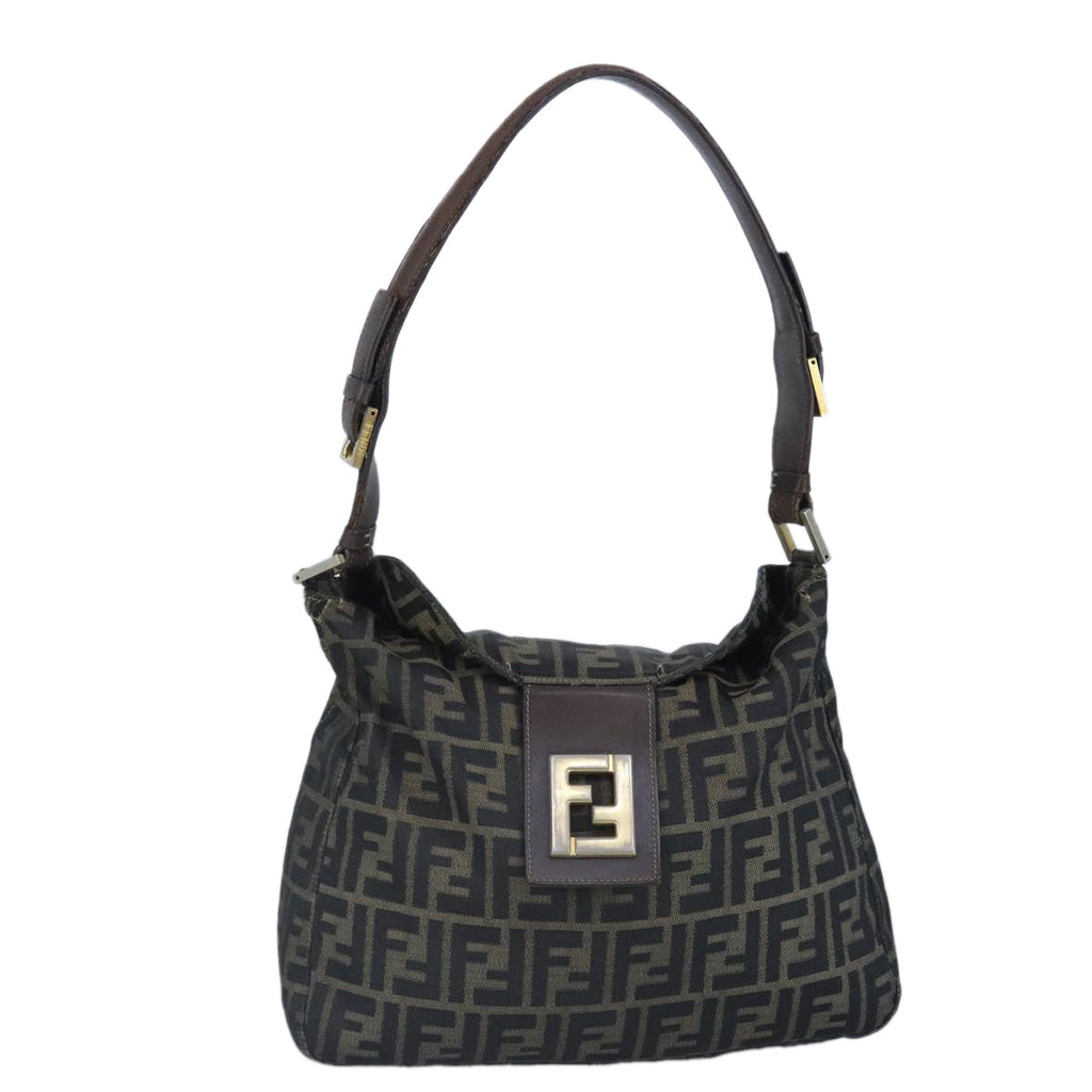 FENDI Zucca Canvas Shoulder Bag Black Brown gold97896