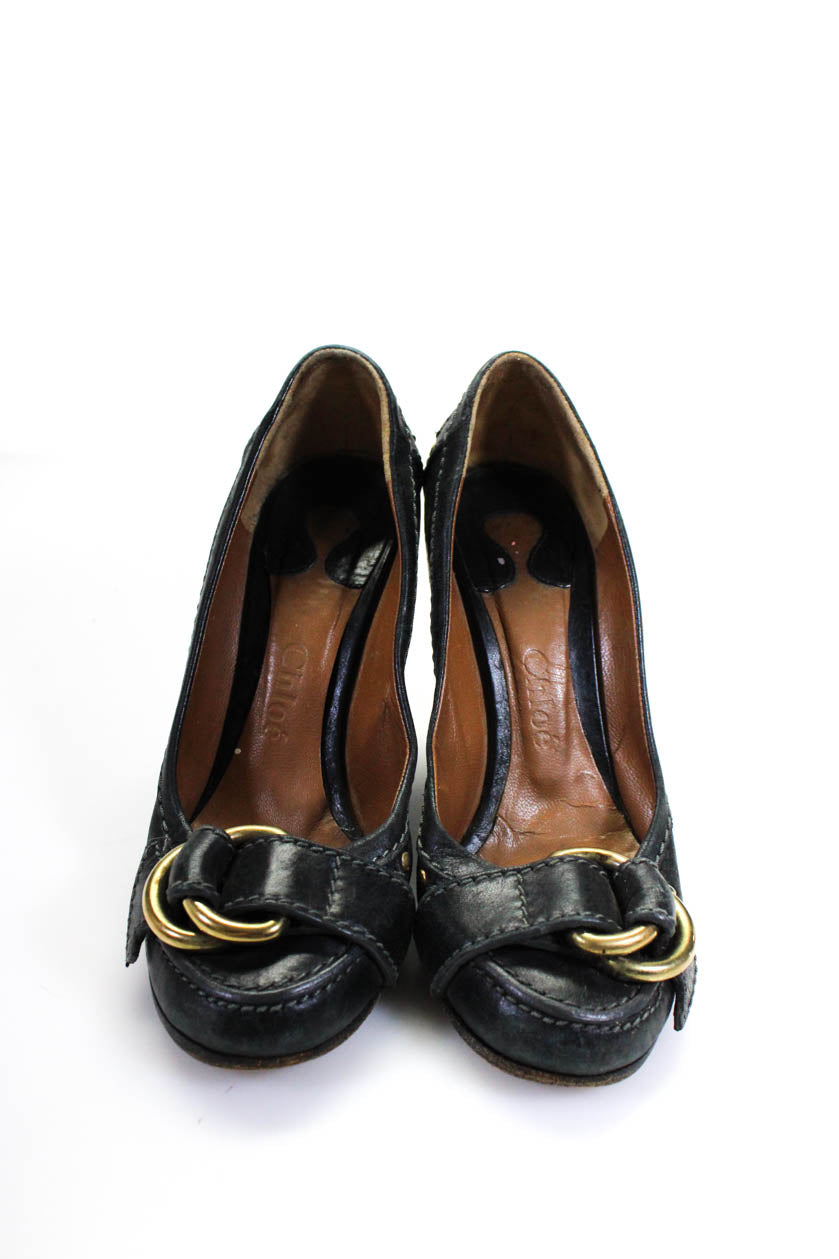 Chloe Womens Leather Double D Ring High Block Heel Pumps Black