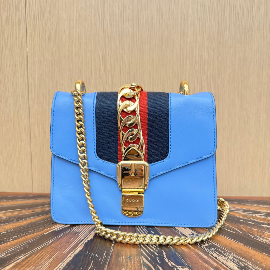 GUCCI Calfskin Mini Sylvie Chain Shoulder Bag Clear Sky Blue 2862