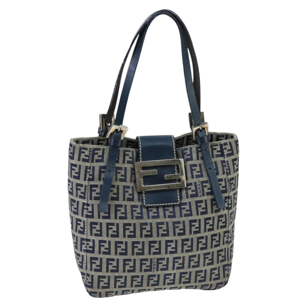FENDI Zucchino Canvas Hand Bag Navy Silver98465