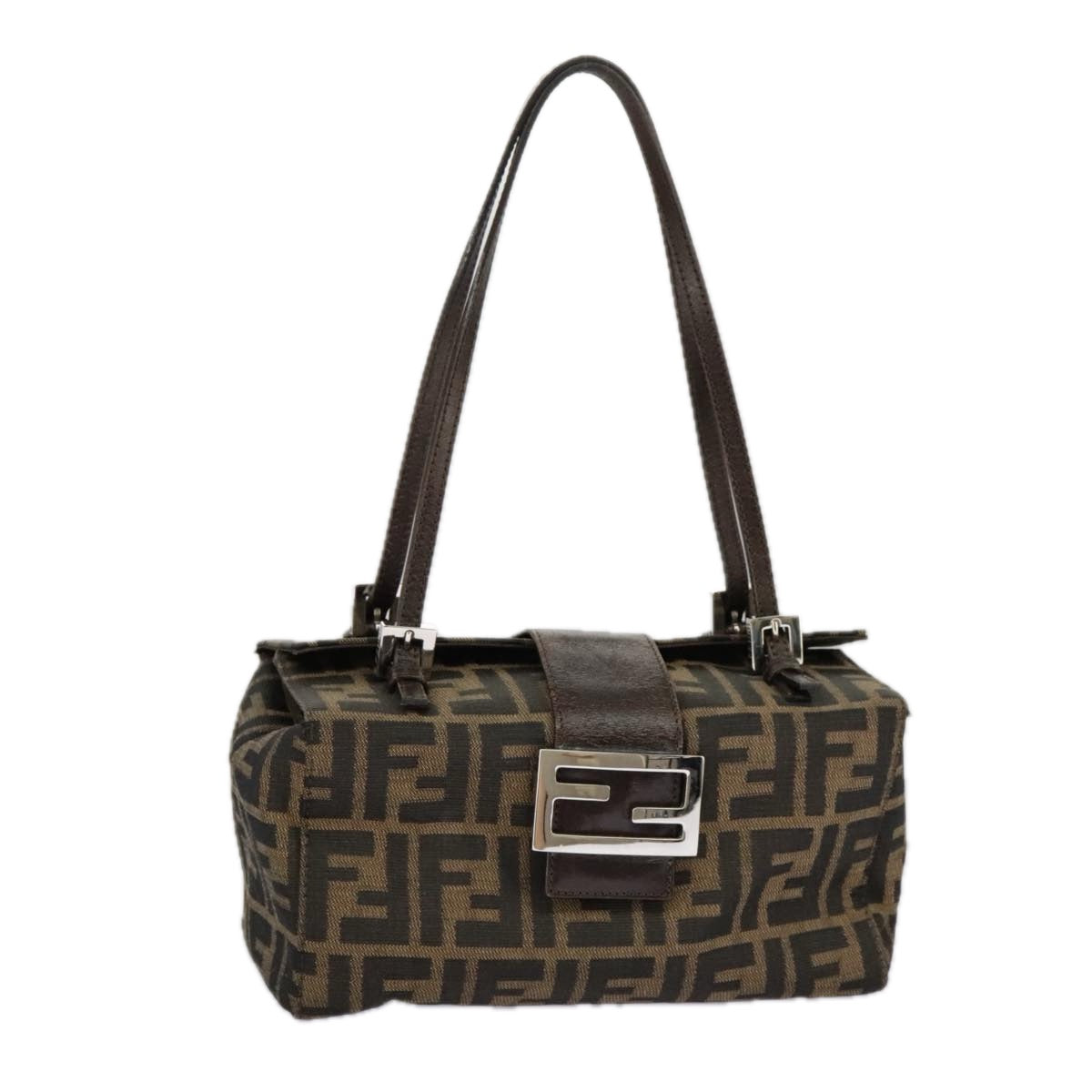 FENDI Zucca Canvas Mamma Baguette Shoulder Bag Black Brown Silver98502