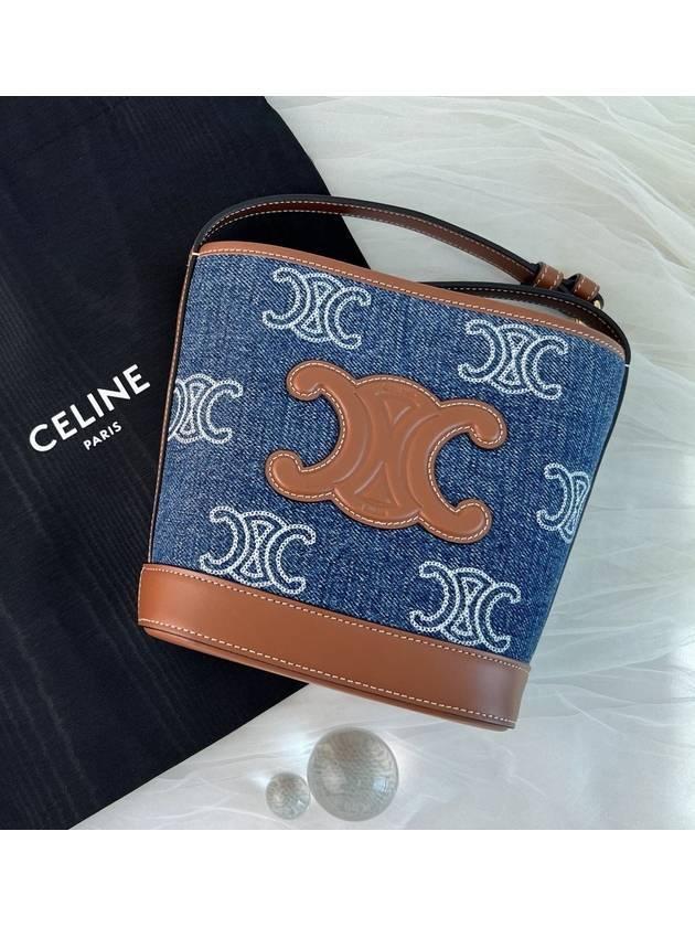 CELINE WoMen's Triomphe All Over Embroidered Calfskin Denim Mini Bucket Bag Tan Navy