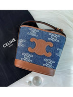 CELINE WoMen's Triomphe All Over Embroidered Calfskin Denim Mini Bucket Bag Tan Navy
