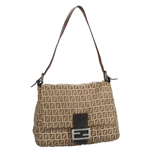 FENDI Zucchino Canvas Mamma Baguette Shoulder Bag Beige Silver98650