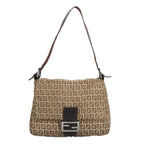 FENDI Zucchino Canvas Mamma Baguette Shoulder Bag Beige Silver98650