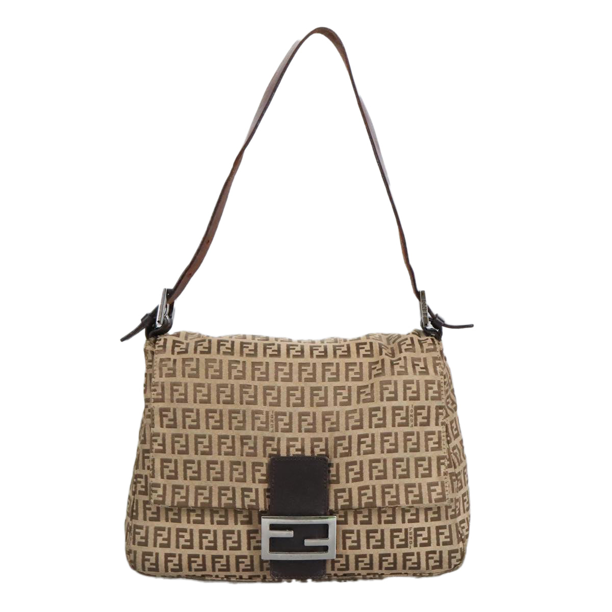 FENDI Zucchino Canvas Mamma Baguette Shoulder Bag Beige Silver98650