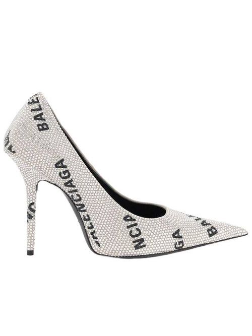 Balenciaga Women's All-Over Logo Rhinestone Square Knife Pumps Heel Silver