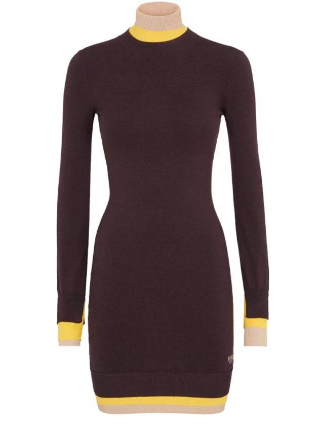 Fendi High Neck Wool Short Dress Dark Purple