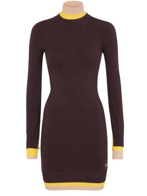 Fendi High Neck Wool Short Dress Dark Purple