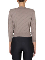 Balenciaga All-Over Logo Print Cotton Crop Cardigan Beige