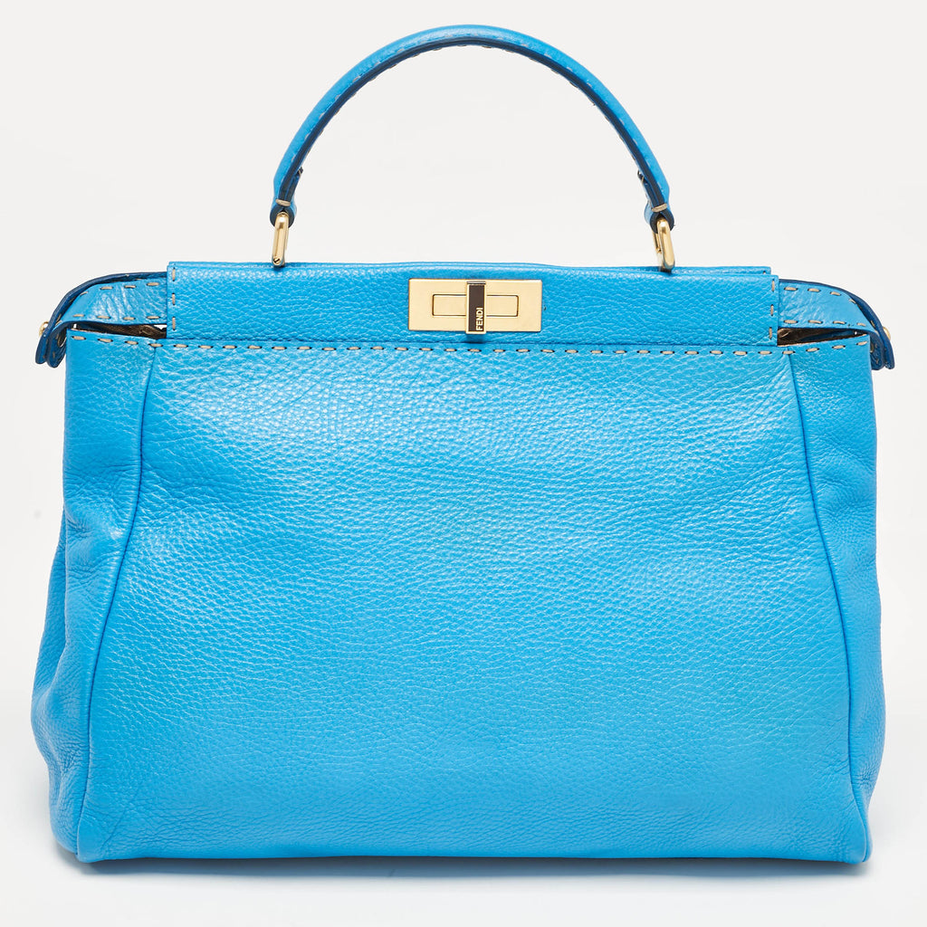 Fendi Blue Leather Large Peekaboo Top Handle Bag