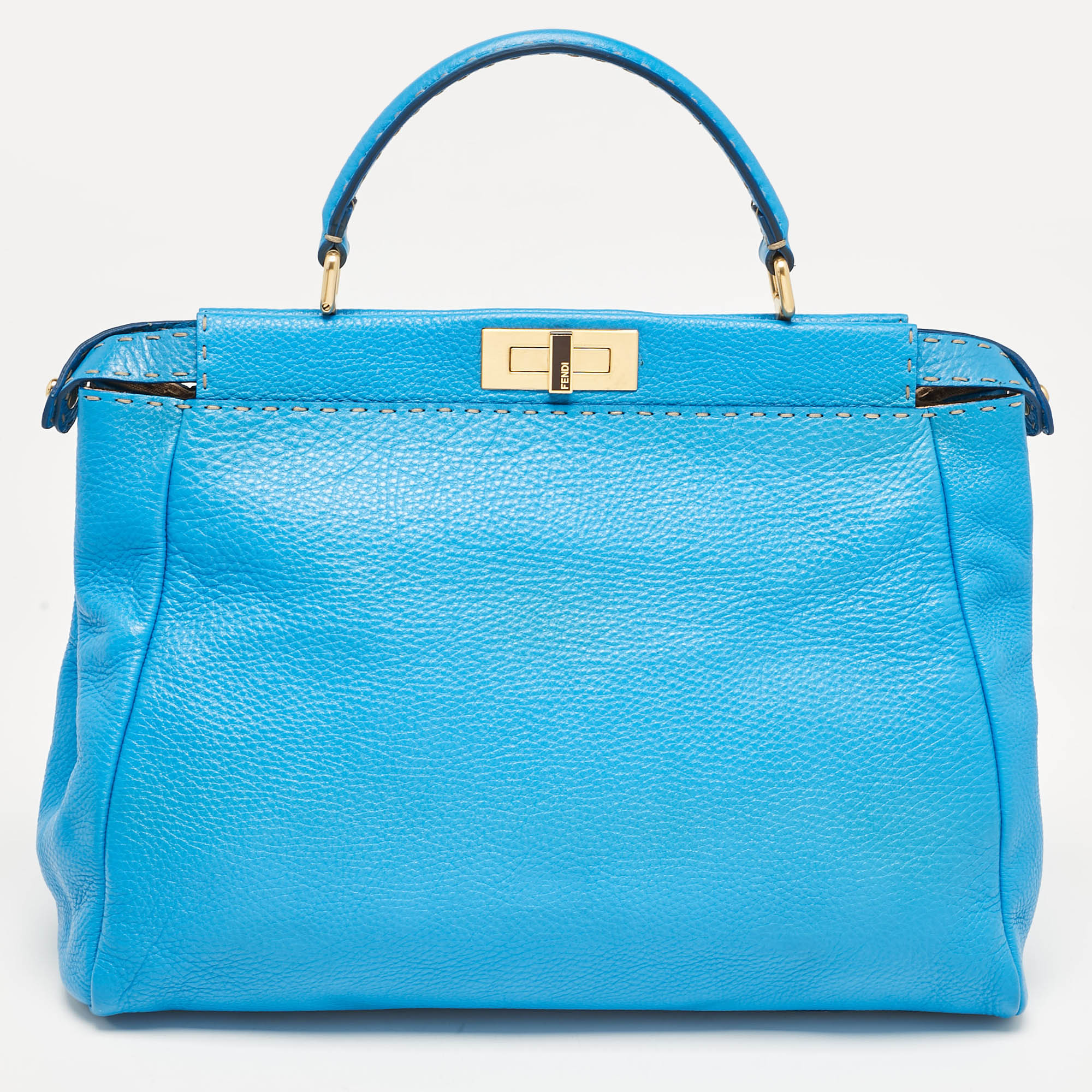 Fendi Blue Leather Large Peekaboo Top Handle Bag
