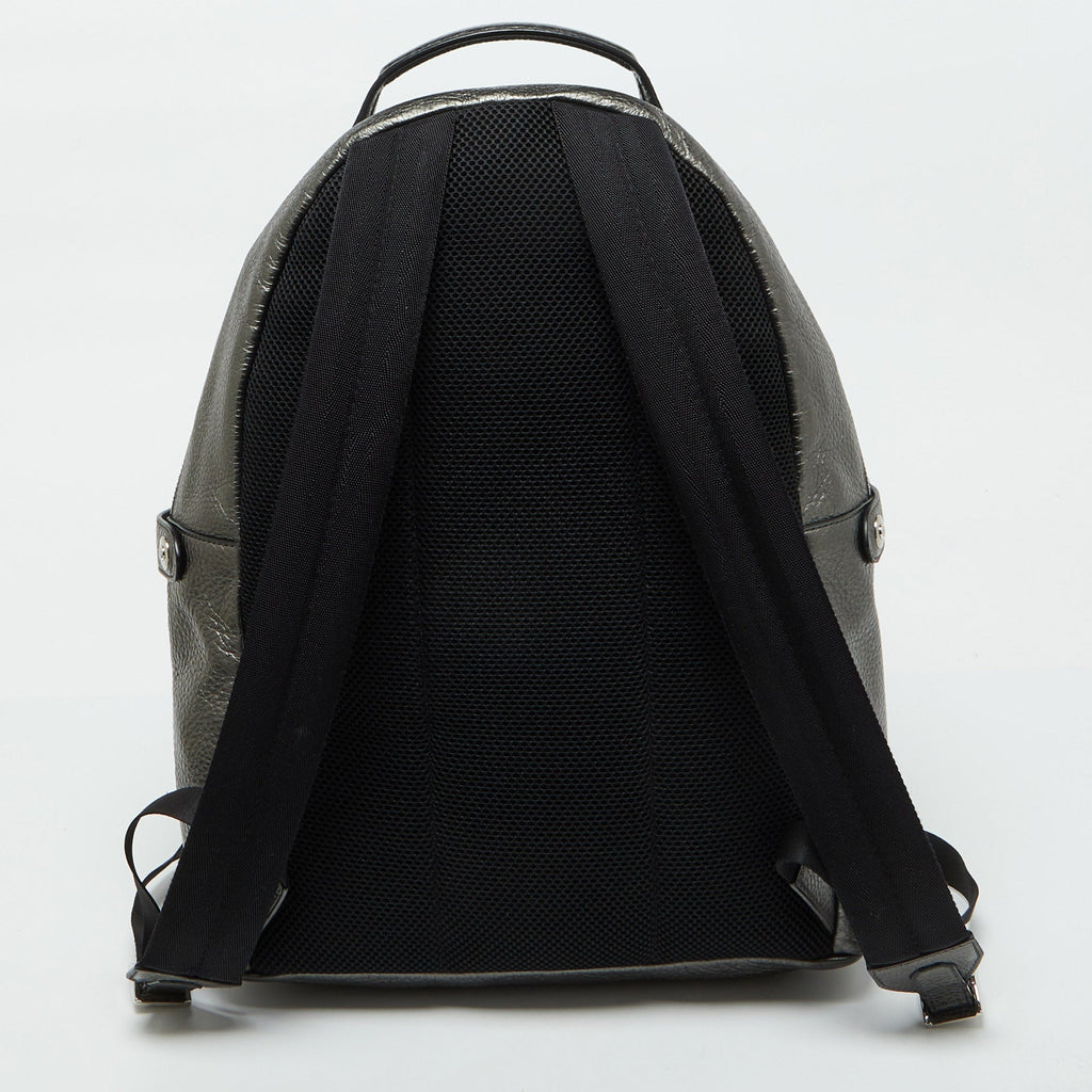Fendi Metallic Grey Leather Monster Eyes Rounded Backpack